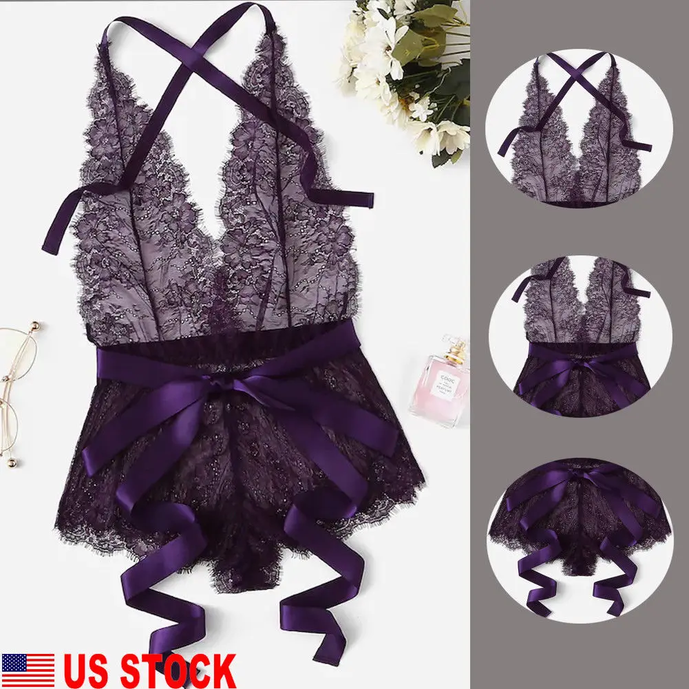 Women Sexy Purple Lace Floral Nightwear Babydoll Sleepwear One Piece