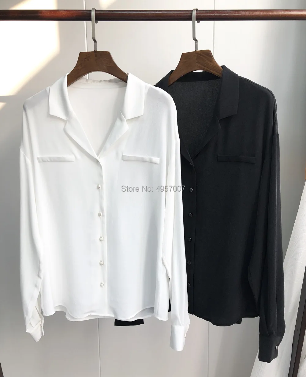 High Quality Silk 100% Notched Neck Blouse Top - 2019 Spring Summer Ladies White/Black Blouse Shirt 6
