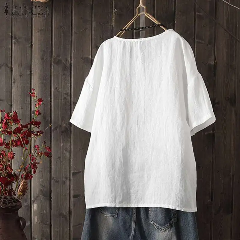  2019 Summer Embroidery Blouse ZANZEA Women V Neck Shirts Casual Short Sleeve Cotton Linen Tops Loos