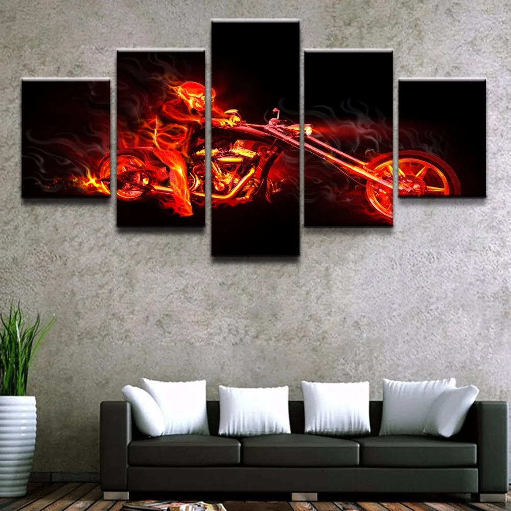 

Modern Decor Picture Printed 5 Panel The Flame Motorcycle And Person Painting On Canvas Room Decor Print Poster Picture Wall Art