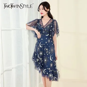 

TWOTWINSTYLE Irregular Mesh Dress Women V Neck Short Sleeve High Waist Embroidery Patchwork Dresses Female 2020 Elegant Fashion