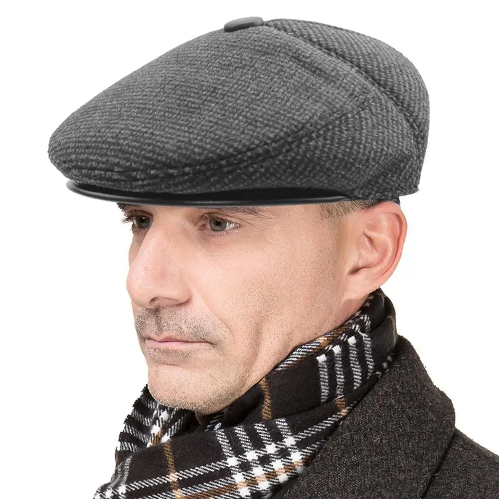 Winter Wool Male Beret Cap Hats With Earflaps Men Vintage Newsboy Tweed Flat Dad Warm Russia Snow Plaid Peaked Boina | Аксессуары для