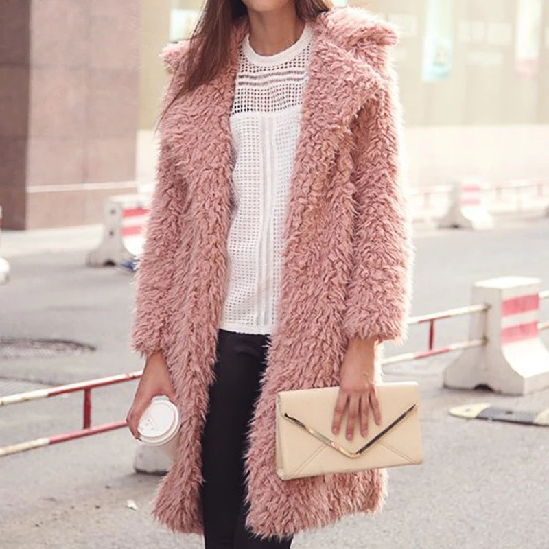 

Sovalro Women Fuzzy Faux Lamb Fur Coat Notched Lapel Long Sleeve Mid Long Coat Autumn Winter Warm Female Jacket Outwear