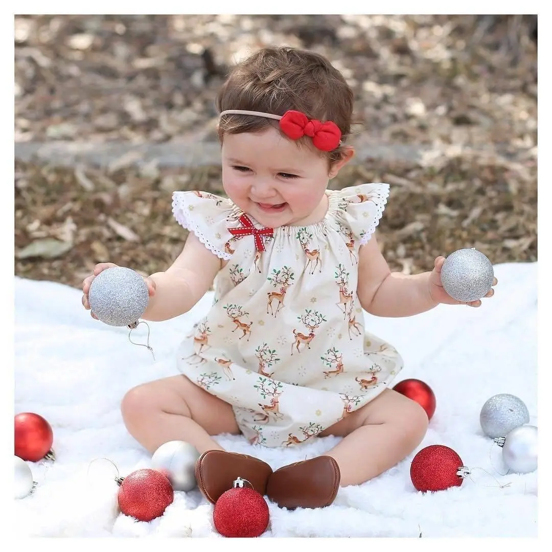 

Infant Baby Girls Christmas Romper Short Petal Sleeve Cartoon Deer Print Cotton Jumpsuits