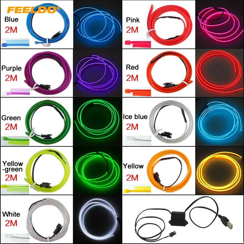 FEELDO 12V USB силовой инвертор автомобиля 2M гибкое литье EL неоновое светящееся