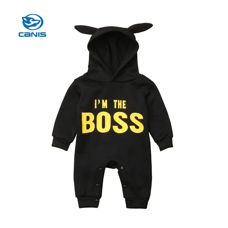 

CANIS Baby Boy Girl Cool Hooded Romper Cotton Newborn boy Clothes I am the boss Letter Rompers Jumpsuit Playsuit Outfits ropa