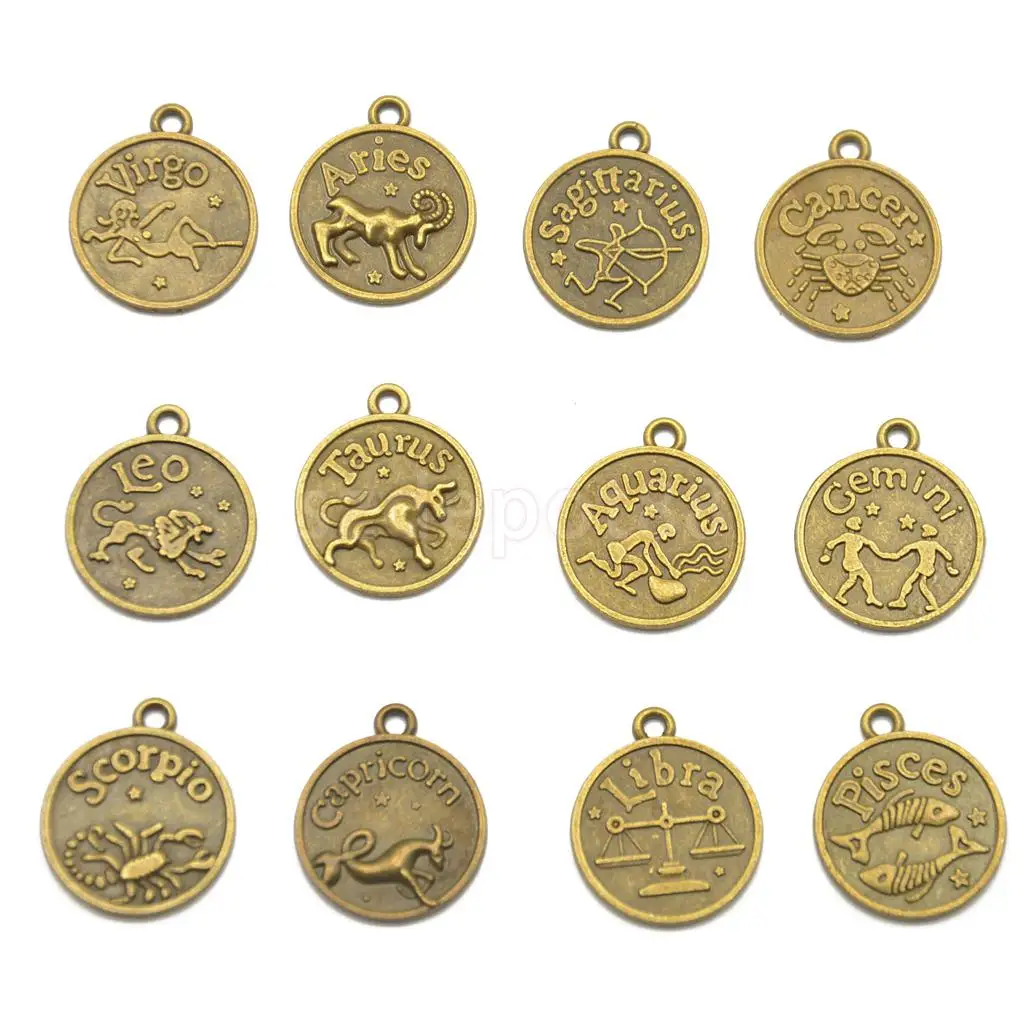 12 pcs Antique Bronze Horoscope Zodiac Round Pendant Charm Jewelry