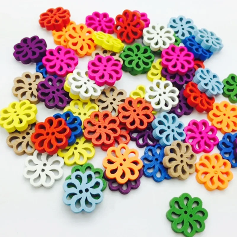 

100pcs Mixed Flower Wooden Buttons 2 Holes Scrapbooking Craft Decor Flower Painting Sewing Buttons Home Needlework