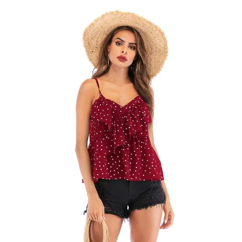 

Elegant Polka Dot tops 2019 Women sleeveless chiffon cami tops Sexy summer V Neck tank tops female Casual ladies tops