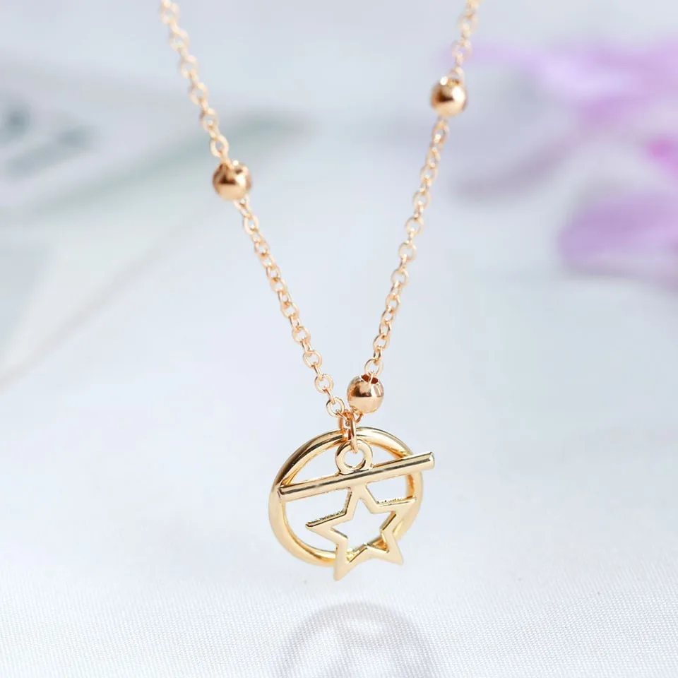 

Women Fashion Gold Star Pendant Necklace With Circle Trendy Jewelry Female Handmade Charm Necklace&Pendants Wedding Jewelry