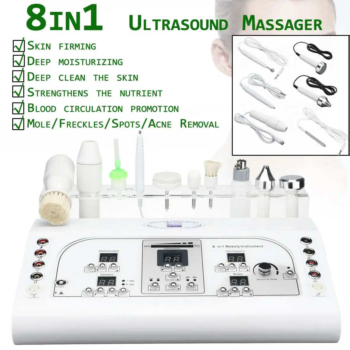 

8 In 1 Ultrasonic Women Face Whitening Freckle Removal Ultrasound Anti Aging Facial Massage Machine Skin Care Beauty Instrument