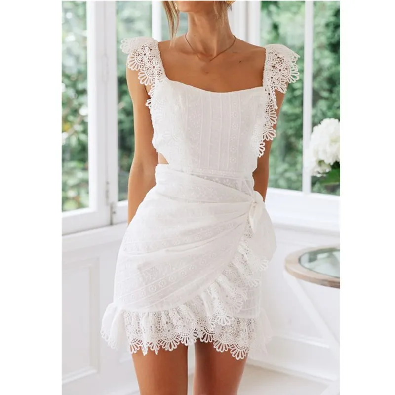 

Sexy White Crochet Lace Dress Women Square Neck Wrap Lace Party Dress 2019 Summer Mini Dress