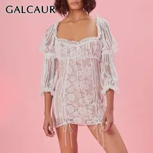 GALCAUR сексуальное кружевное лоскутное женское платье с квадратным воротником и высокой талией с пышными рукавами, мини-платья для женщин Новинка