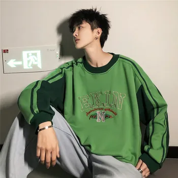 

Men's Sweatshirt 2019 Spring New Round Neck Loose Contrast Color Print Pullover No Cap Sweatshirt Youth Casual Men's Wear
