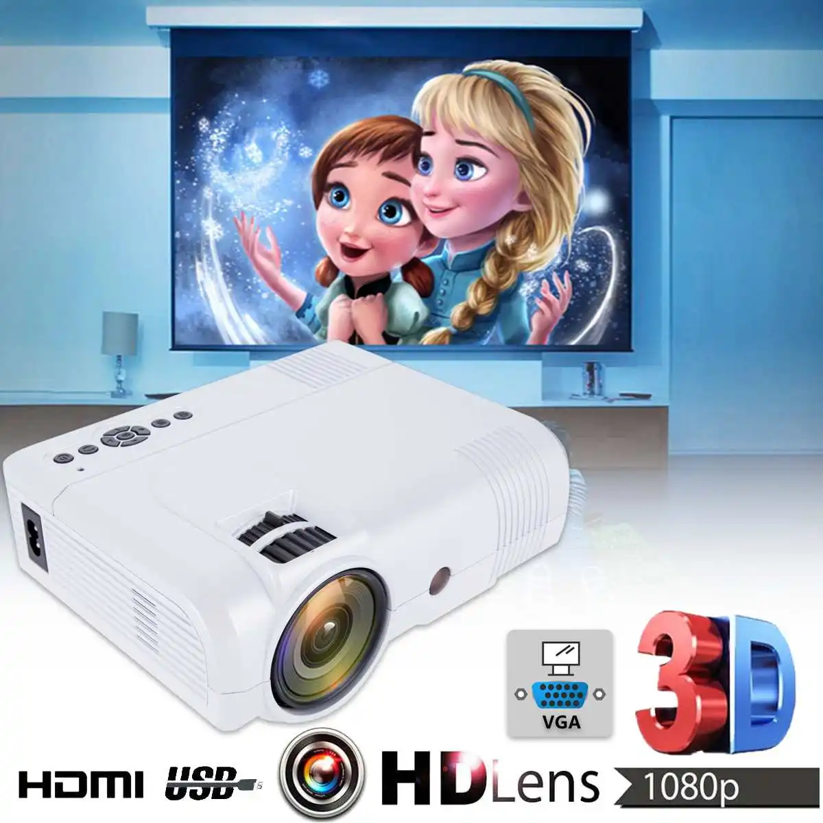 3D 1080P Mini Projector Full HD L8 3000 lumens LED Cinema Video Digital HD Home Theater Projector with AV Cable Power Cable