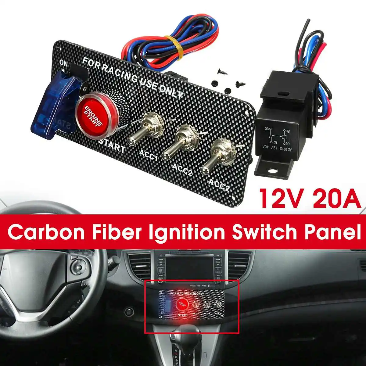 

Racing Car 12V LED Ignition Switch Panel Engine Start Push Button LED Toggle Switches Carbon Fiber