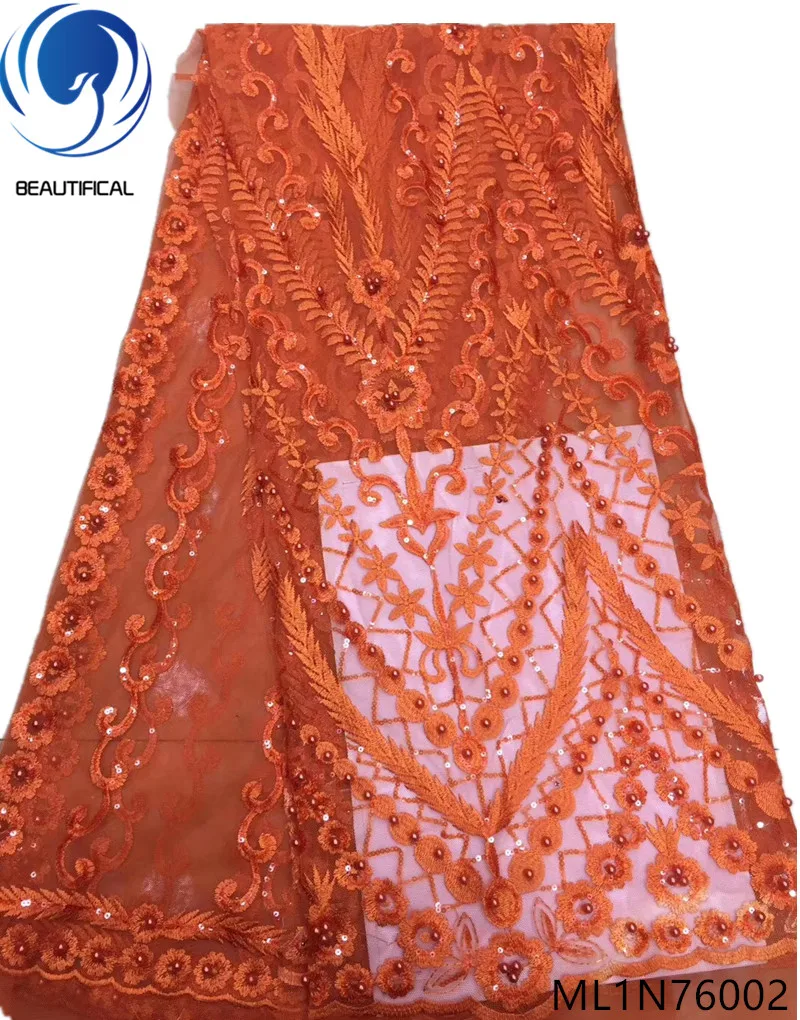 

BEAUTIFICAL orange lace fabric french net lace african french lace fabric high quality 2019 with sequins and beads ML1N760