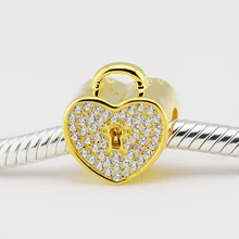 Подходит Пандора шармы браслеты Замок бусины-сердечки с фианитами и 14 K позолоченные стерлингового серебра 925 ювелирные изделия