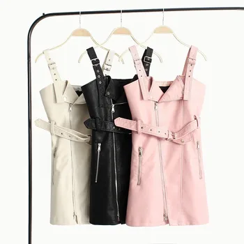 

Free shipping 2019 spring fashion street Pu dress women quality leather style dresses new brand girl cool bikers A-line dress