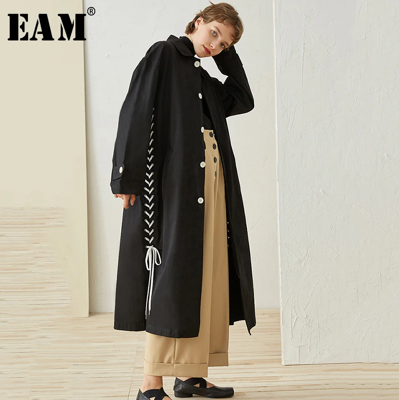 

[EAM] 2019 New Spring Lapel Long Sleeve Hem Corss Bandage Long Large Size Windbreaker Women Fashion Coat Tide JH754