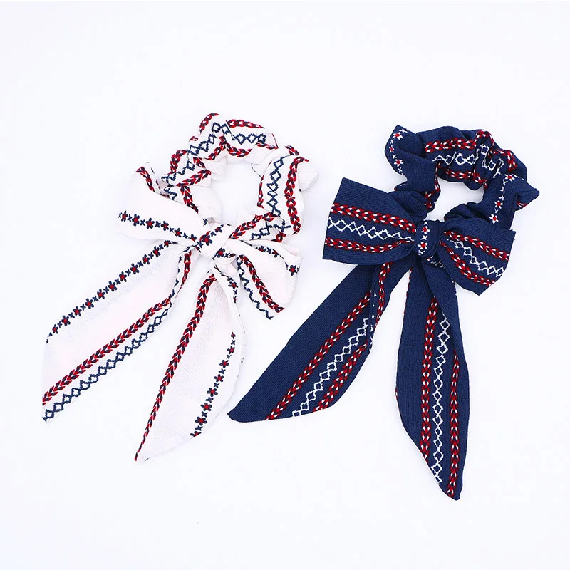 

New Long Tassel Ribbon Flower Print Elastic Hair Bands Ponytail Holder Scrunchies Tie Hair Rubber Band Drop Shipping