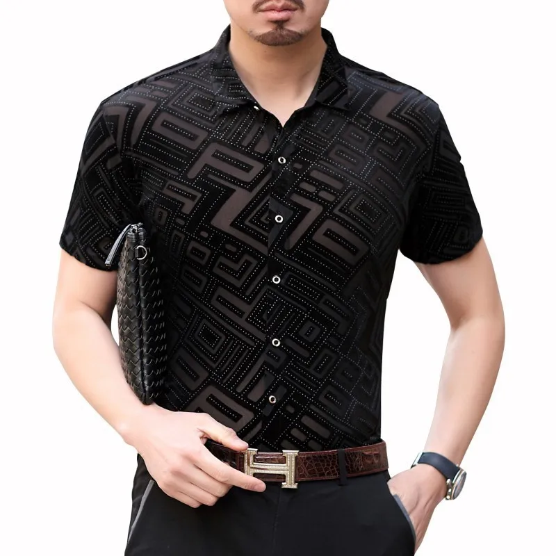 

Irregular Lattice Transparent Short Sleeve Shirt Camisa Hombre Fashion Streetwear Velvet Shirt Hawaiian Man Shirt Camisa Social