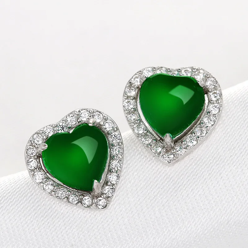 

Emerald Earrings Natural Sliver S925 Heart-shaped Turquoise Jade Stud Earrings Ornament Bizuteria for Women Orecchini Kolczyki