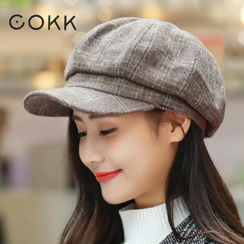 

COKK Newsboy Cap Women Autumn Winter Octagonal Caps Artist Painter Hats For Women Men Beret Peaked Cap Female Male Vintage PLaid