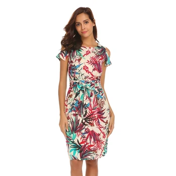 

ANGVNS Women Vintage Dress Floral Print Summer Dress Top Rufflles Cold Shoulder Short Sleeve with Belt Beach Sundress Famale