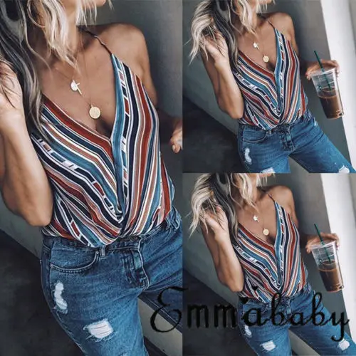 

New Women Summer V neck Vest Top Sleeveless Striped Colorful Vintage Style Casual Tank Tops Camis