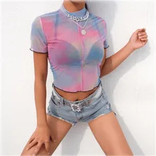 Летняя женская тонкая футболка с коротким рукавом и низким воротником, сетчатая перспектива, цветная футболка для йоги, пляжные женские повседневные топы