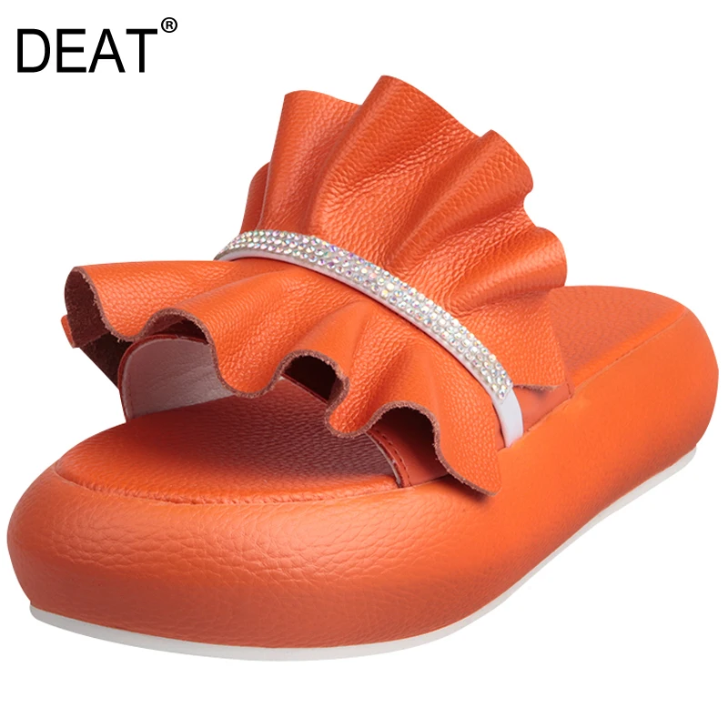 

[DEAT] 2019 New Spring Summer Pu Leather Crystal Ruffles Pleated Casual Wedges High Heels Slippers Women Shoes Fashion 10A005