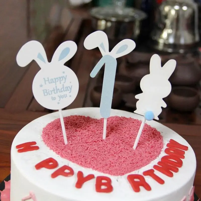 

Cake Topper - Baking Cake Decoration - Pompon Powder And Blue Rabbit Ear Topper Birthday Party Holiday Cake Decoration