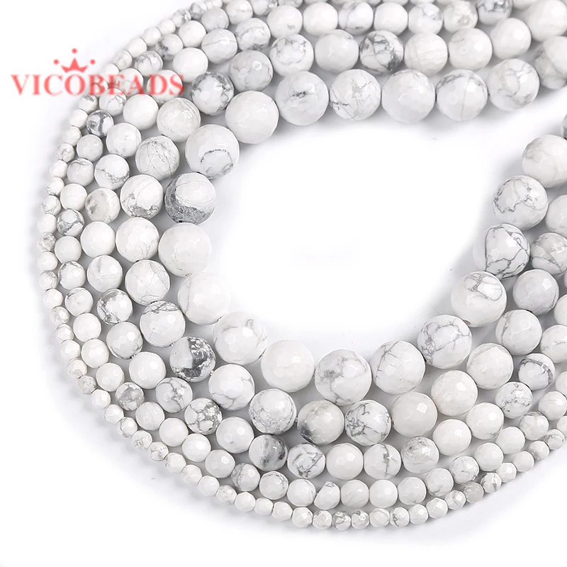 

Natural Stone Faceted White Howlite Turquoises Round Loose Beads 15" Strand 4 6 8 10 12 MM Pick Size