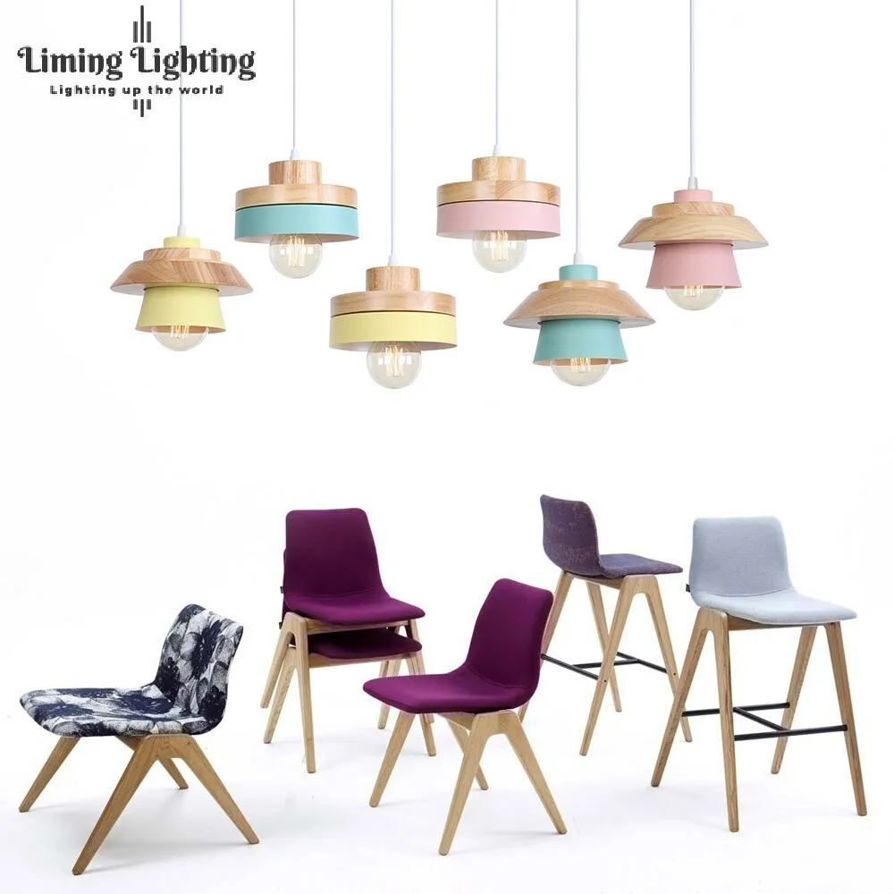 Nórdicos colorido moderno tazón de madera de colgante luces lámparas minimalista LED personalidad creativa Macarons comedor lámpara