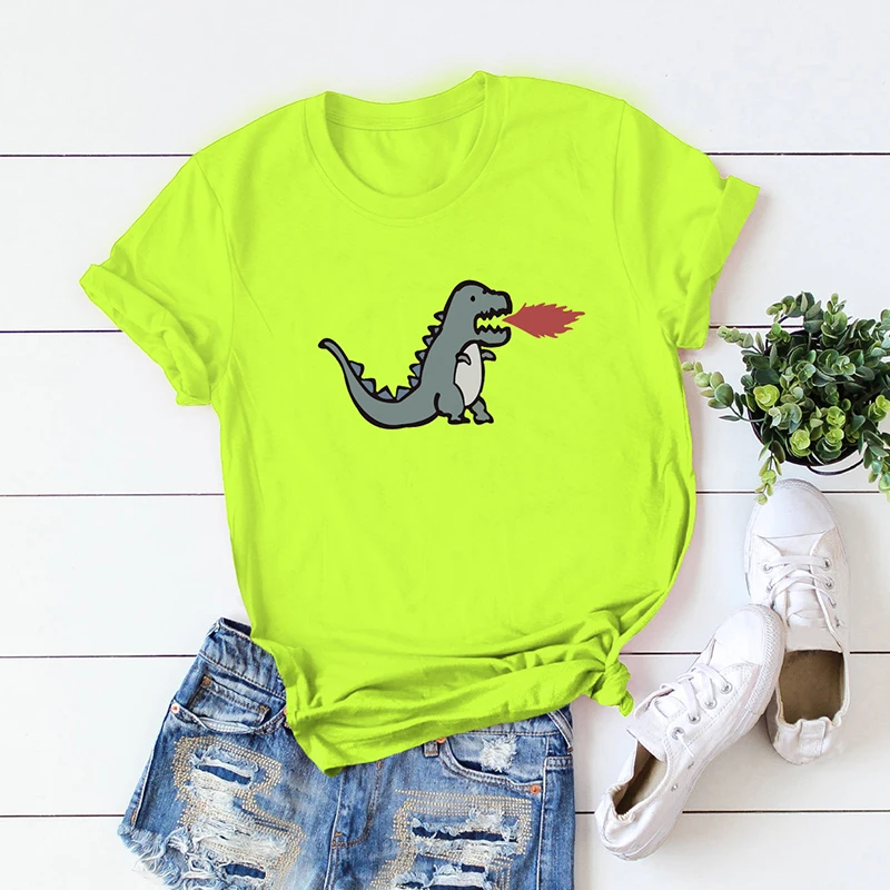 

Plus Size Women Summer T-shirt Cartoon Dinosaurs Printed O Neck Short Sleeve Funny Kawaii Harajuku Casual Loose Shirts Tops 2019