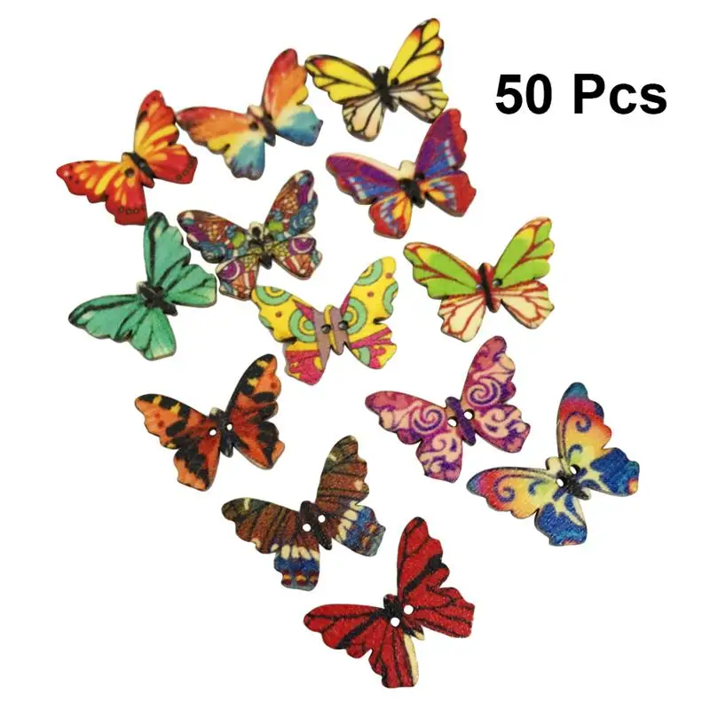

50Pcs 25*18mm Mixed Random Painting Colorful Butterfly 2 Holes Wooden Buttons Decor Wood Button For Sewing Crafting Clothing