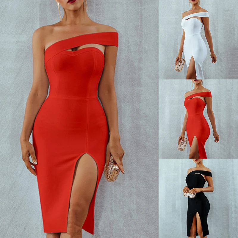 

Summer Sexy Elegant Solid Off Shoulder Split Bandeau Cocktail Party Women Formal Dress