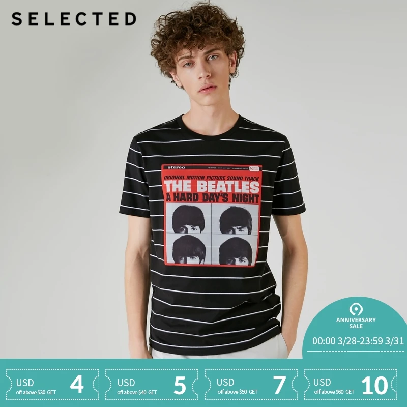 

SELECTED Men's Liquid Cotton Patched Round Neckline Striped T-shirt L|4182T4635