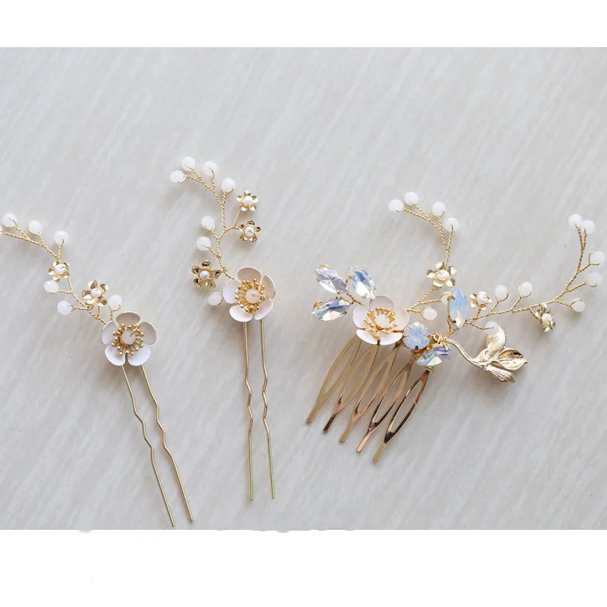 

Gold Opal Flower Women Girl Headpiece Bridal Hair Combs Pins Delicate Hairpins Wedding Hair Jewelry 3pcs Set