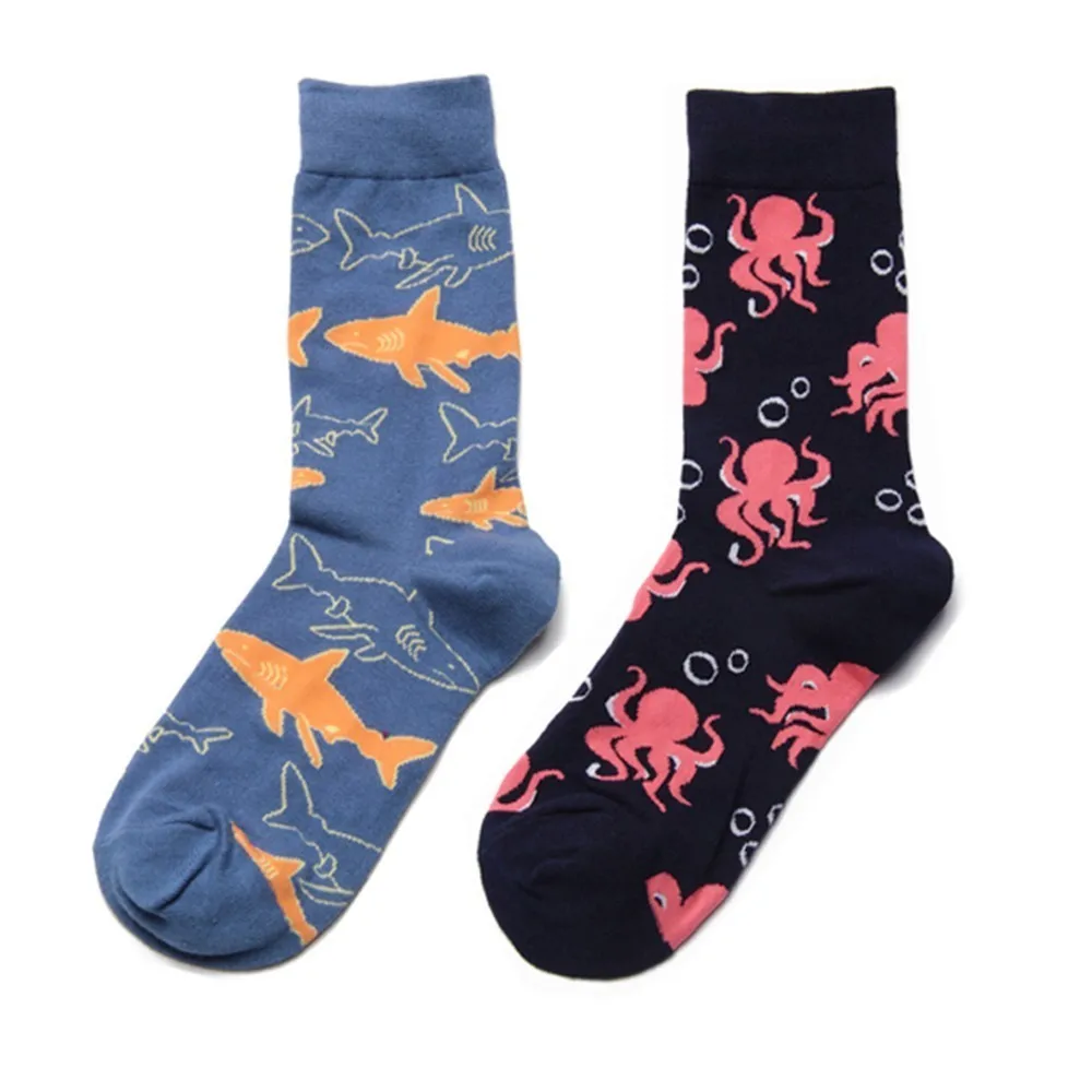 

PEONFLY 1 pair men socks combed cotton cartoon animal bird shark zebra sea food geometric novelty funny socks