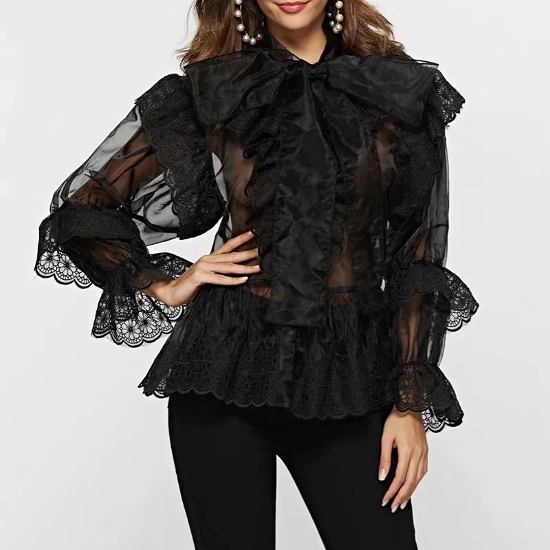 

[MENKAY] Patchwork Lace Women Bowknot Lace Up Puff Sleeve Perspective Tops Female Elegant Fashion 2019 Spring
