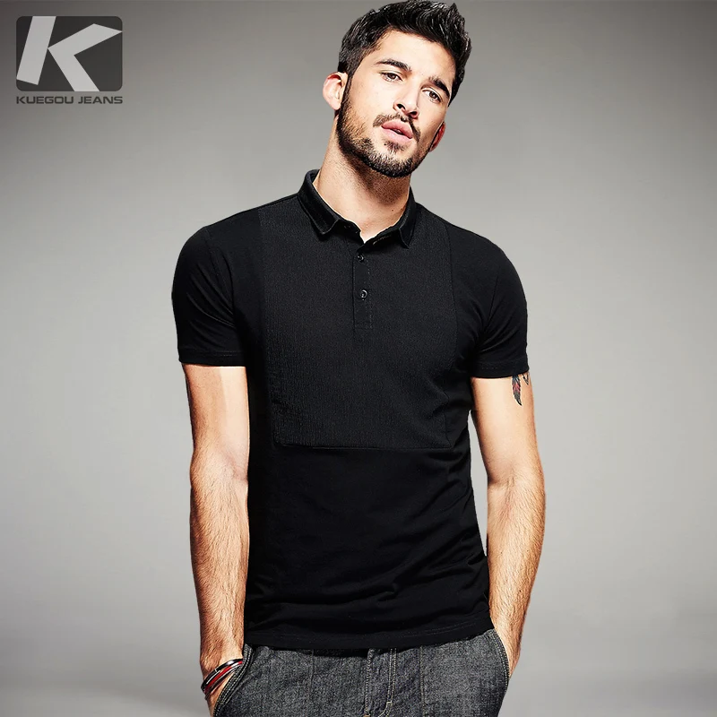 

KUEGOU Summer Mens Casual Poloshirts Patchwork Black Brand Clothing Man's Slim Fit Short Sleeve Clothes Male Plus Size Tops 691