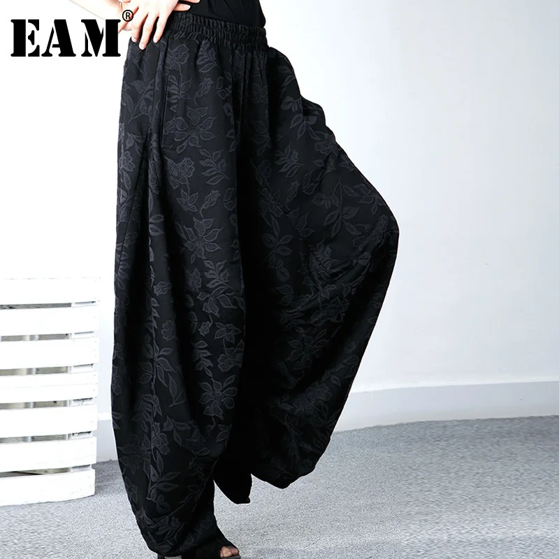 

[EAM] 2019 New Spring Women High Wasit Elastic Casual Loose Black Down Crotch Full Length Harem Pants Fashion Tide OB300