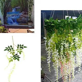 

12 Piece 3.6 Feet Artificial Silk Wisteria Vine Ratta Hanging Flower for Home Wedding Party Decoration - White