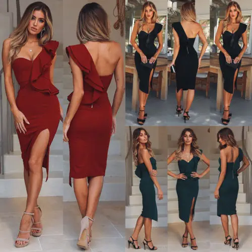 

Women's Bandage Bodycon Sleeveless One Shoulder Ruffles Split Slim Evening Party Club Short Mini Dress