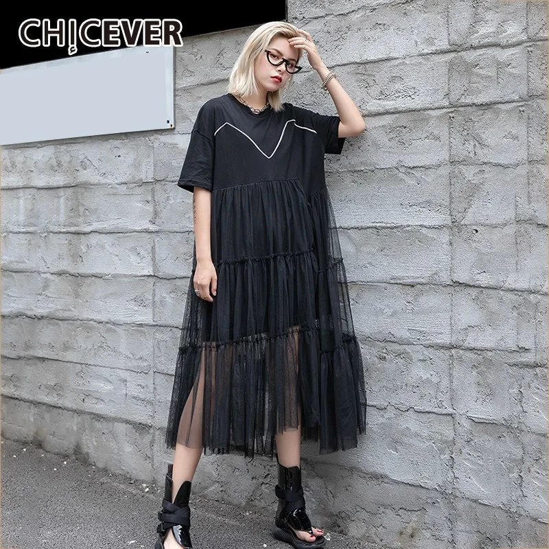 

CHICEVER Summer Sweet Patchwork Mesh Hem Solid Black Women Dress O Neck Short Sleeve Loose Slim Female Ball Gown Dresses 2019