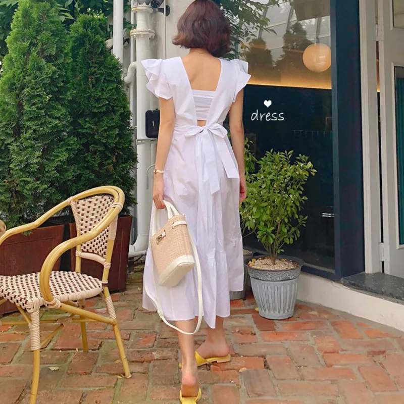 

DEAT 2019 spring new Korean style Square collar ruffled backless bow loose fashion trend women's summer dress 3 color QG10701