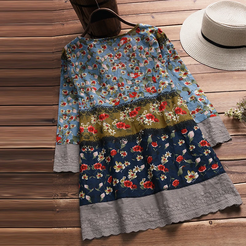  2019 Women Autumn Blouse Vintage V Neck 3/4 Sleeve Shirt Female Cotton Linen Lace Patchwork Top Flo