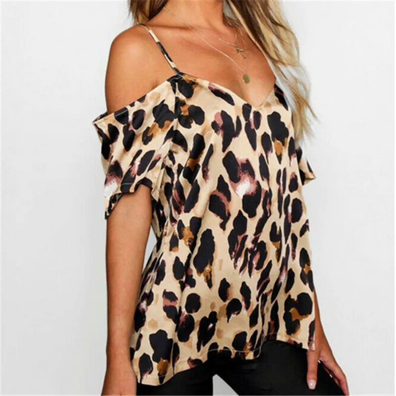 Женская блузка с леопардовым принтом Blusa свободная открытыми плечами и v образным